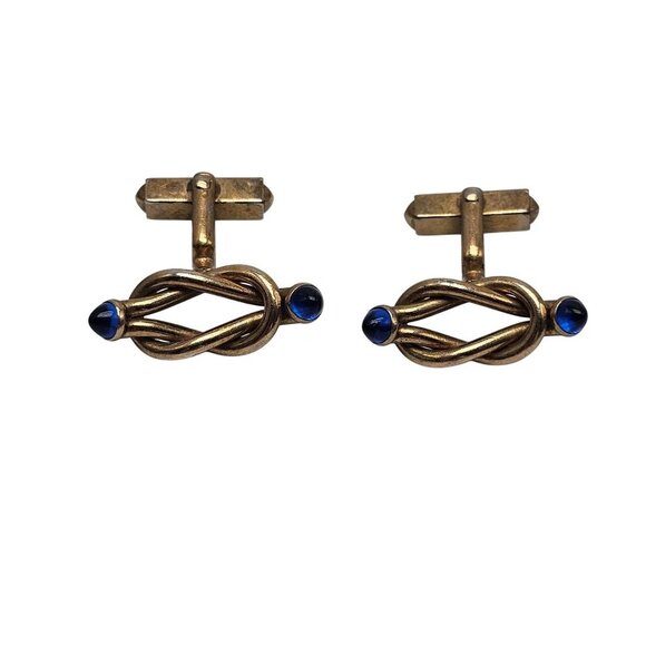 Vintage Swank Gold Tone Cufflinks With Blue Glass Cabochons - Picture 1 of 5